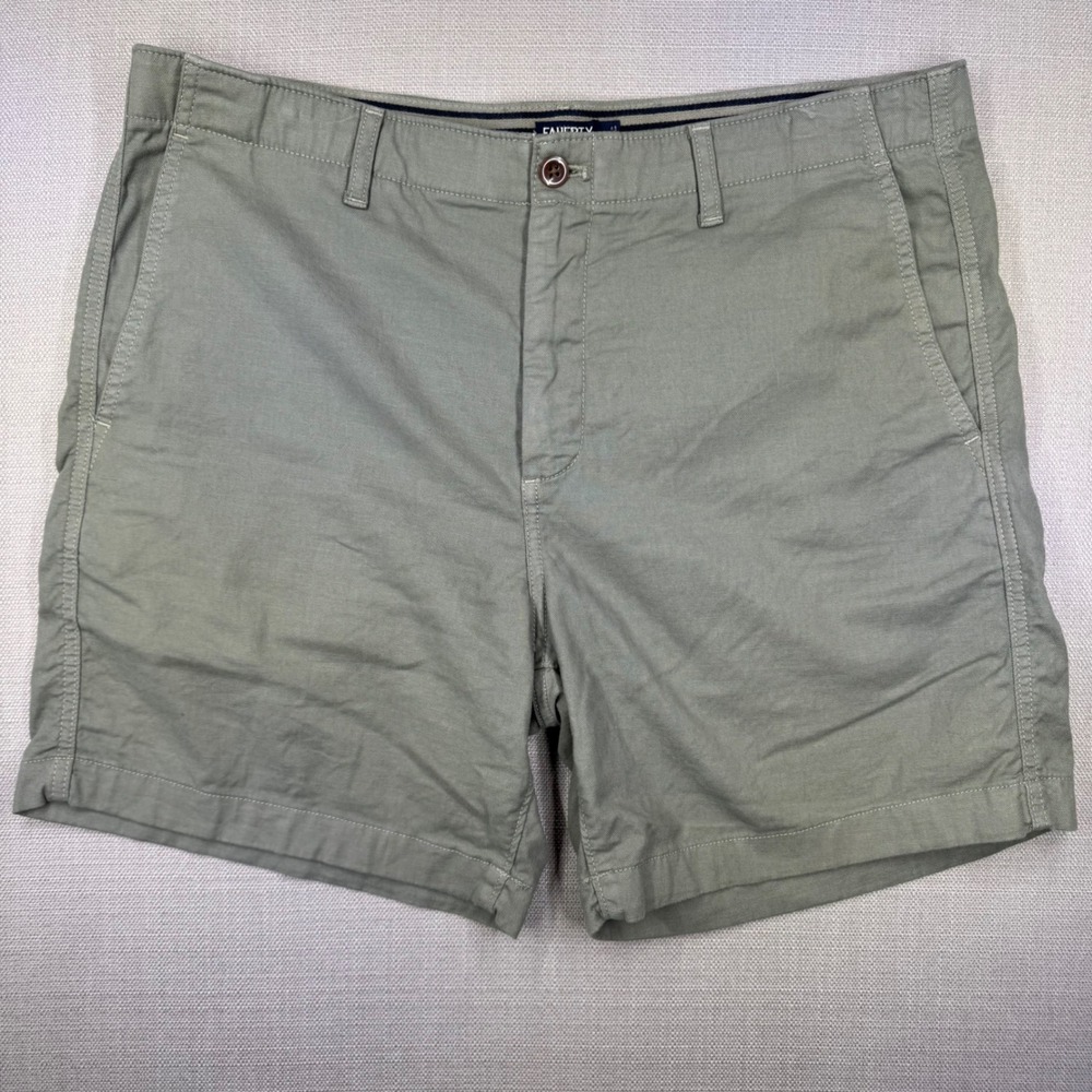 Faherty Reserve Mens Chino Shorts Olive Green Size 35 Flat Front 7 Inch Inseam